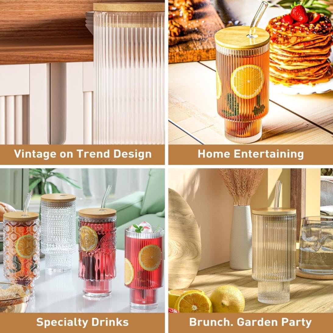 Glass Sipper with Wooden Lid and Straw - 400ml