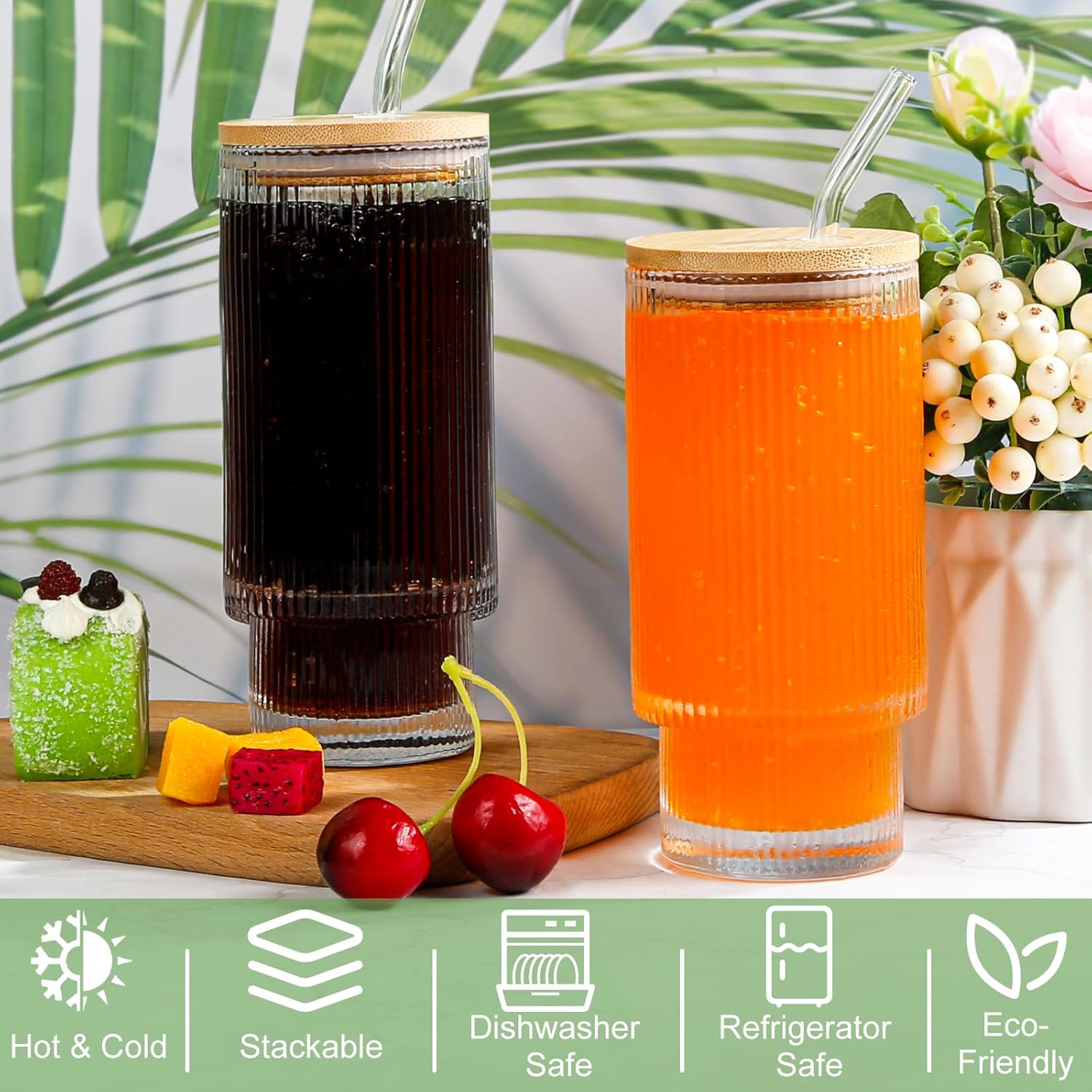 Glass Sipper with Wooden Lid and Straw - 400ml