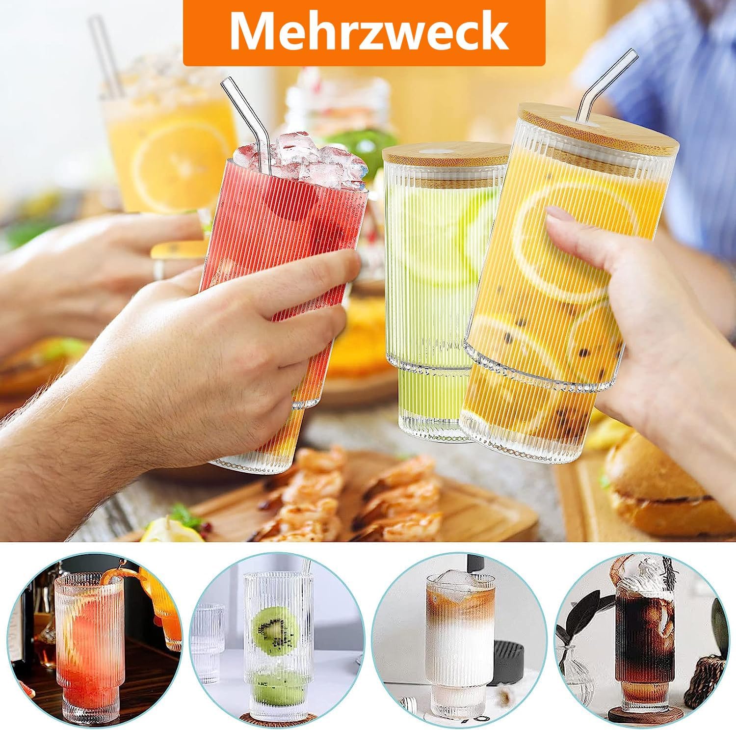 Glass Sipper with Wooden Lid and Straw - 400ml
