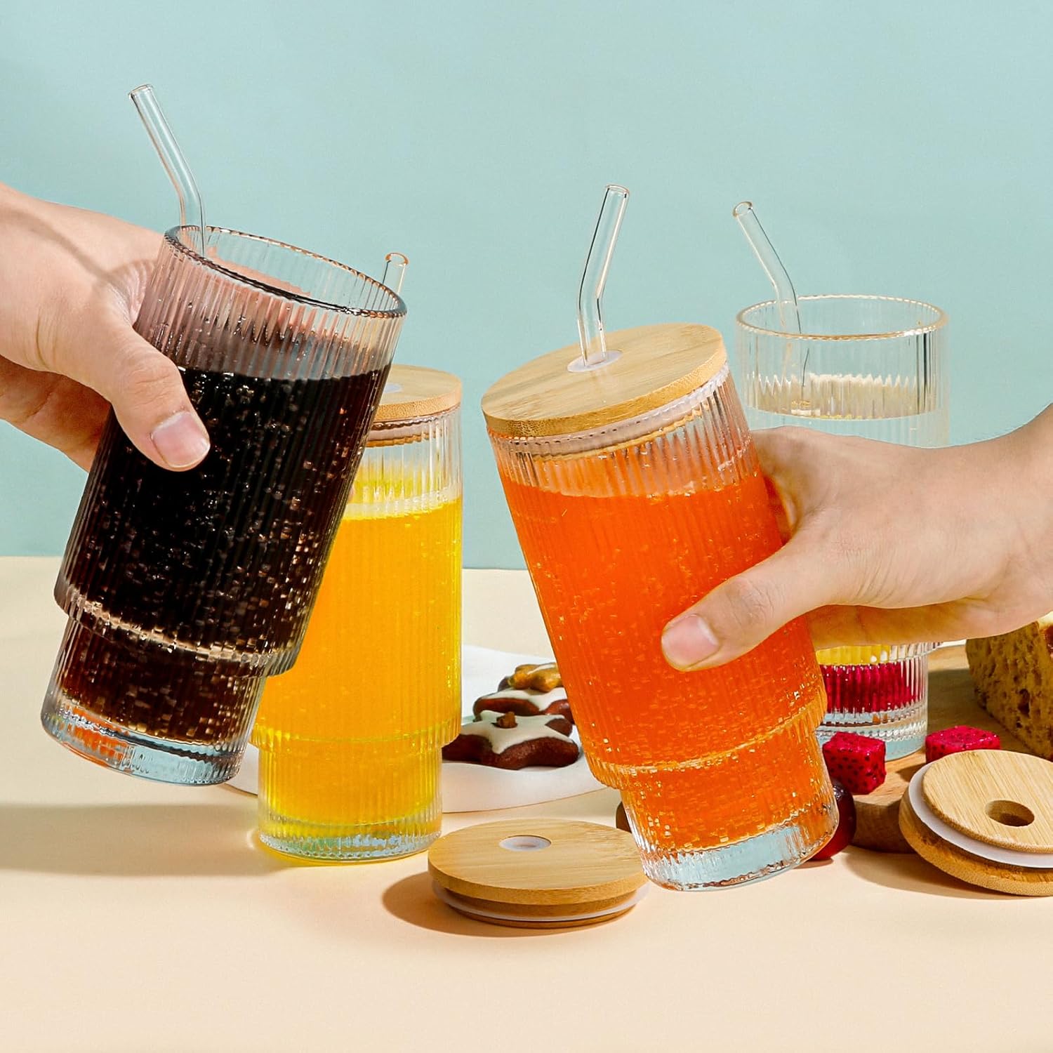 Glass Sipper with Wooden Lid and Straw - 400ml