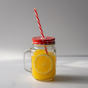 Glass Mason Jar with Handles, Lid and Straw - 450ml