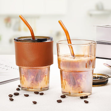 Glass Coffee Mugs with Straw and Lid - 400ml