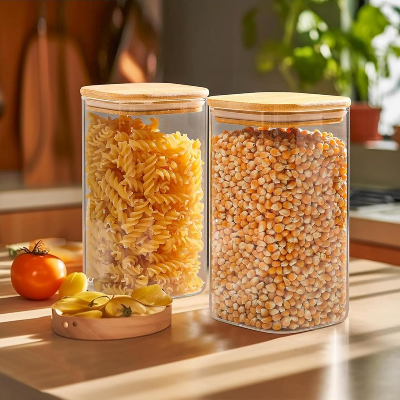 Glass Jars with Bamboo Wooden Airtight Lids Square Shape- 1200ml