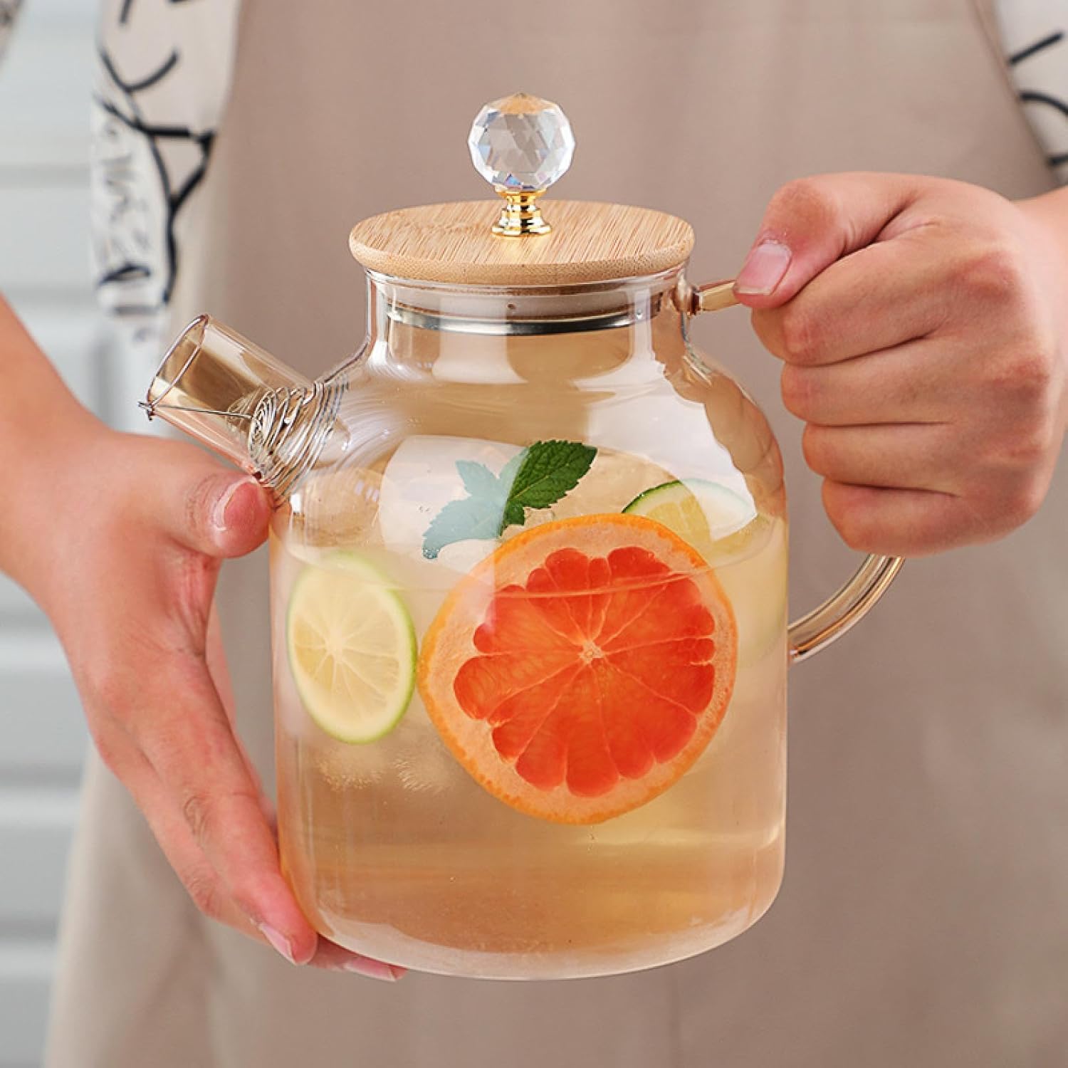 Glass Water Jug with Fancy Wooden Lid 1.8L
