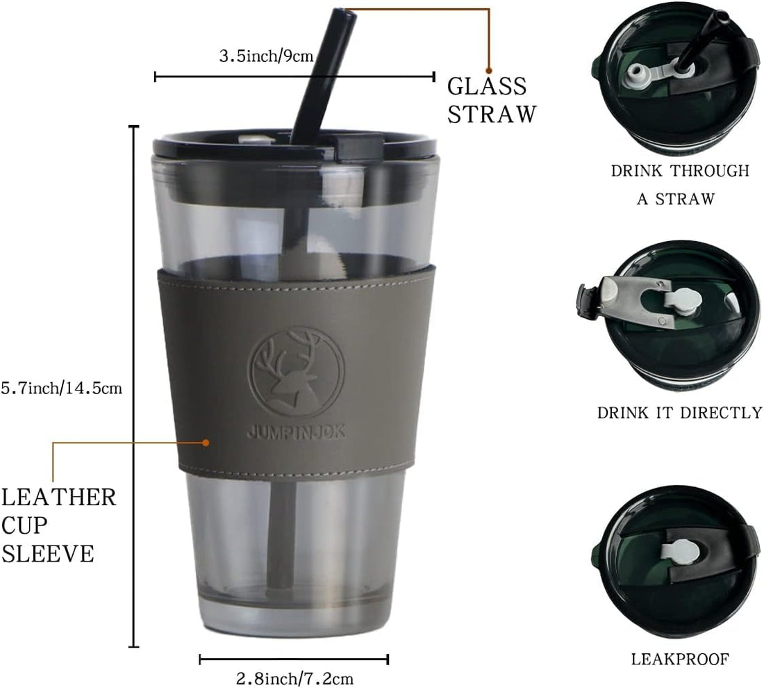 Glass Coffee Mugs with Straw and Lid - 500ml