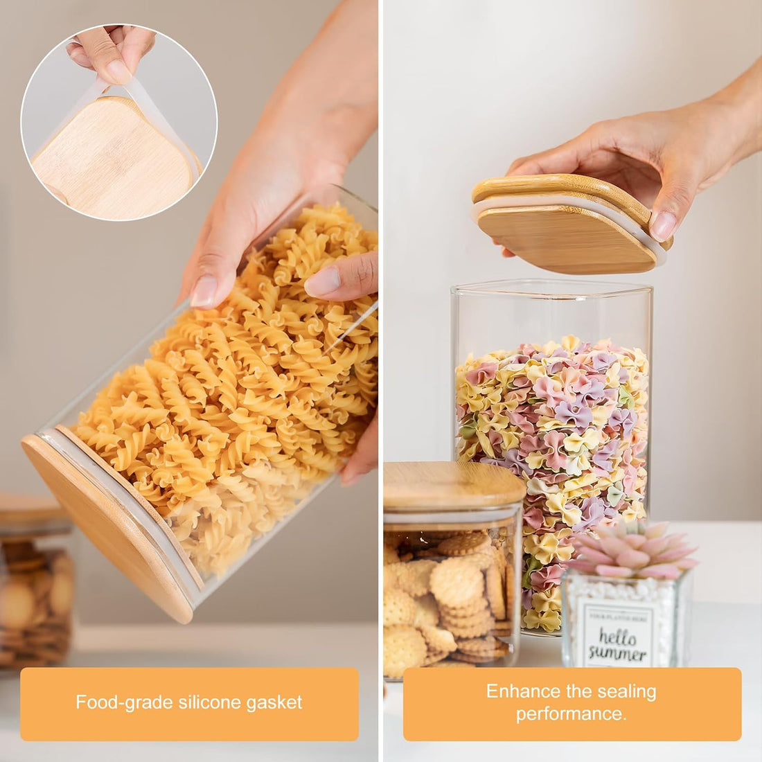 Glass Jars with Bamboo Wooden Airtight Lids Square Shape- 1580ml