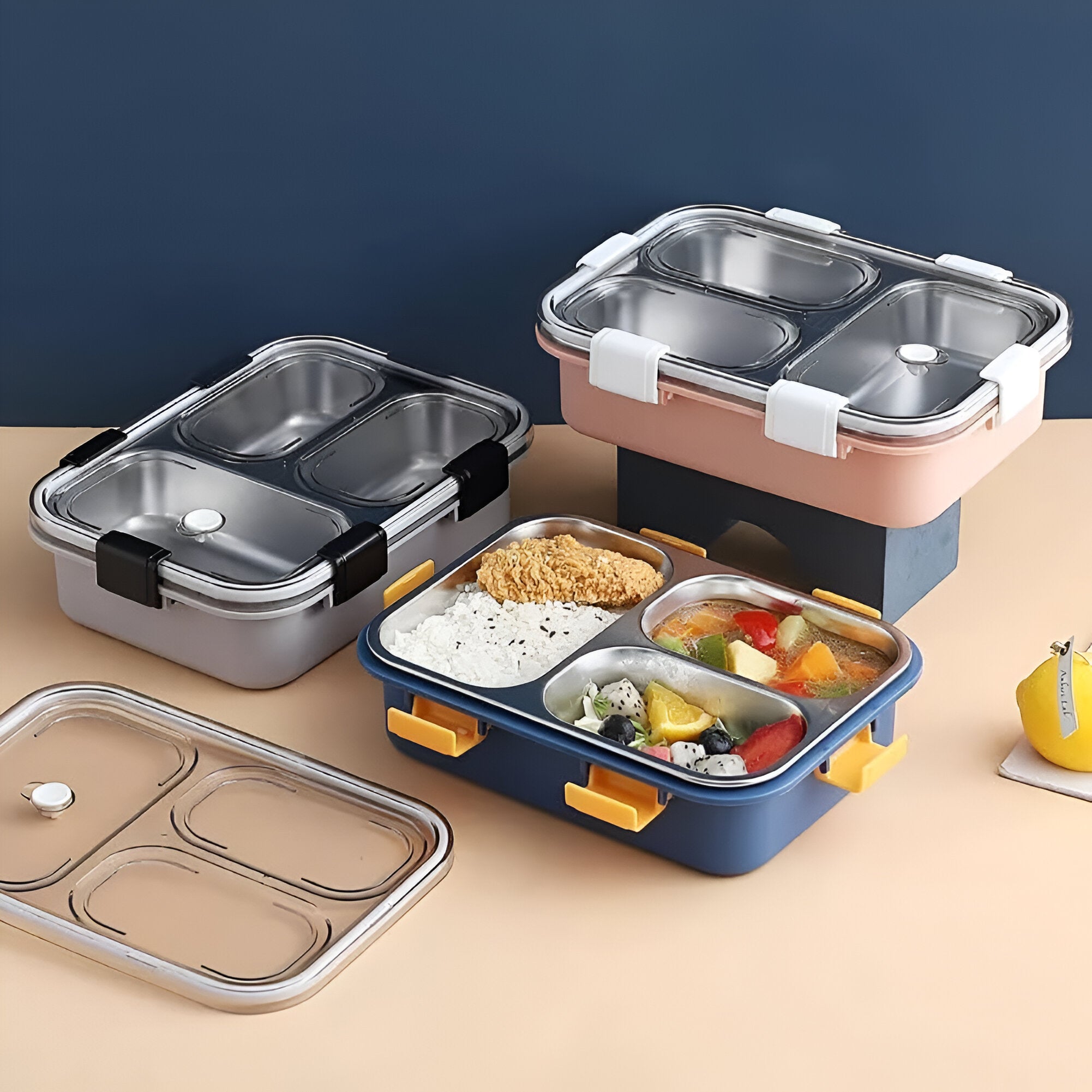 3 Compartment Stainless Steel Lunch Box with Spoon, Fork & Chopsticks - Multicolor