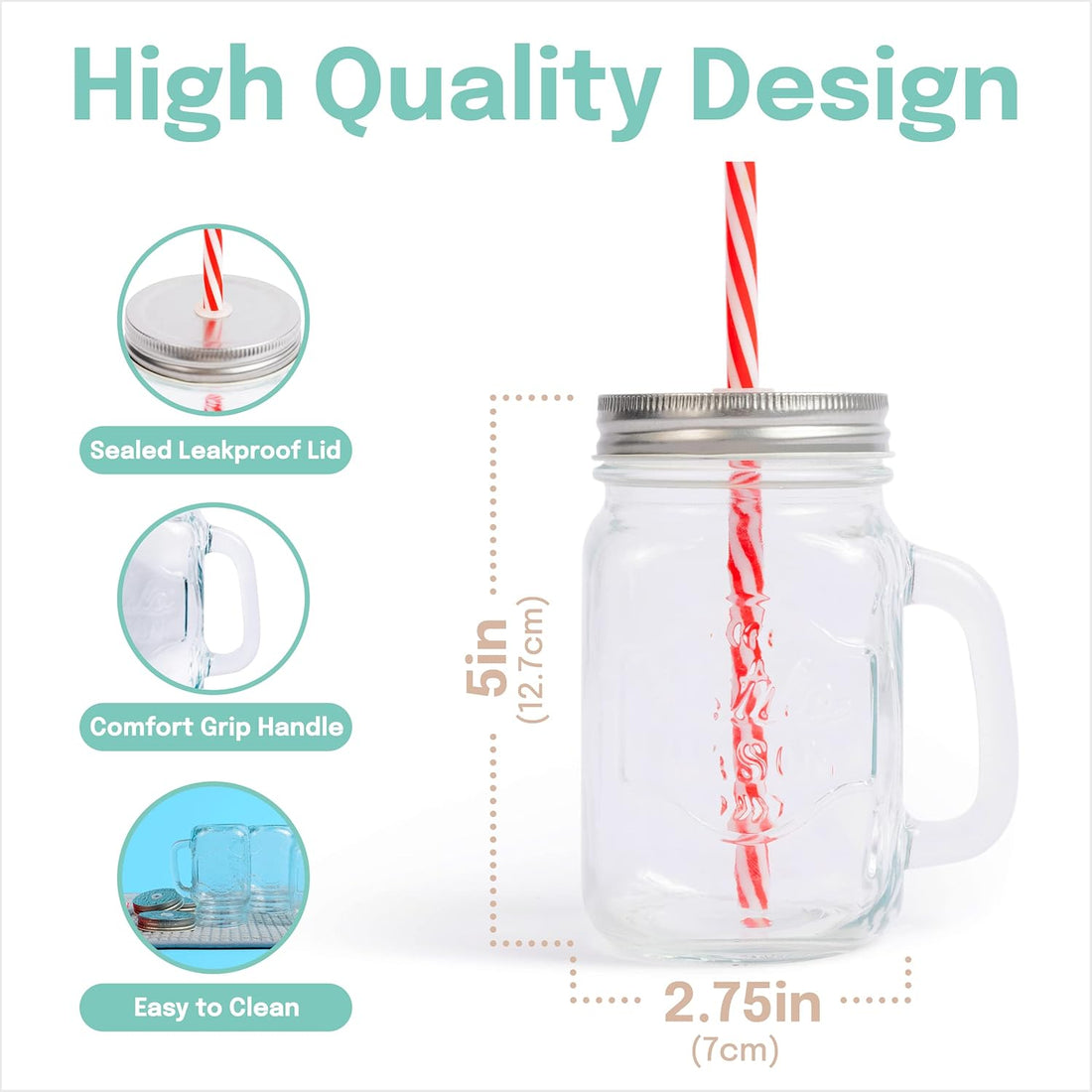 Glass Mason Jar with Handles, Lid and Straw - 450ml