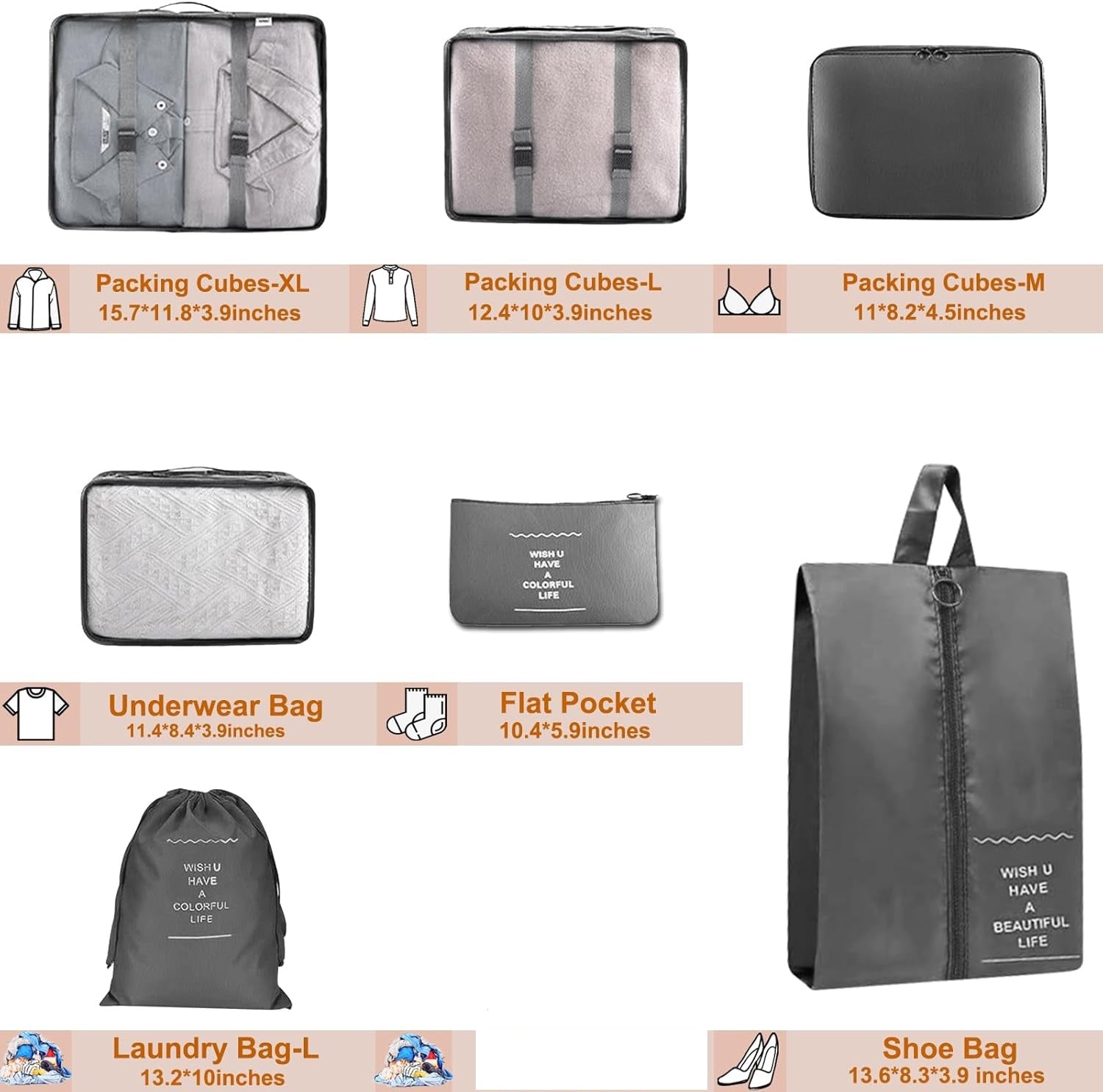 7 Piece Travel Packing Organizers - Black