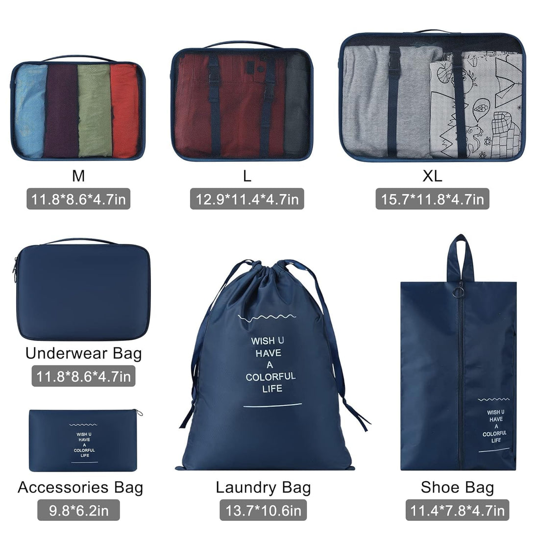 7 Piece Travel Packing Organizers - Blue