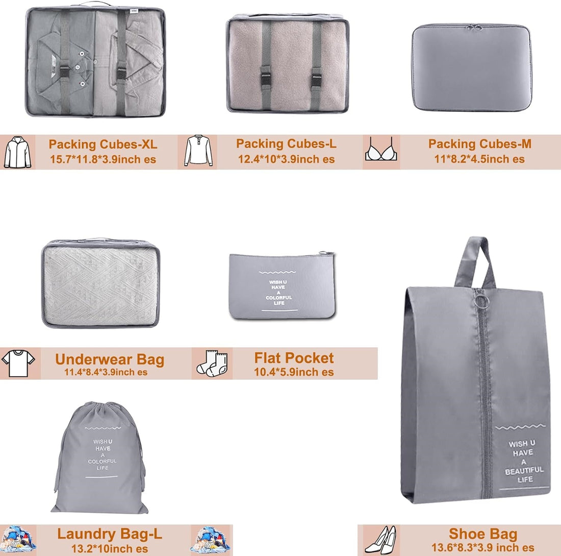 7 Piece Travel Packing Organizers - Grey